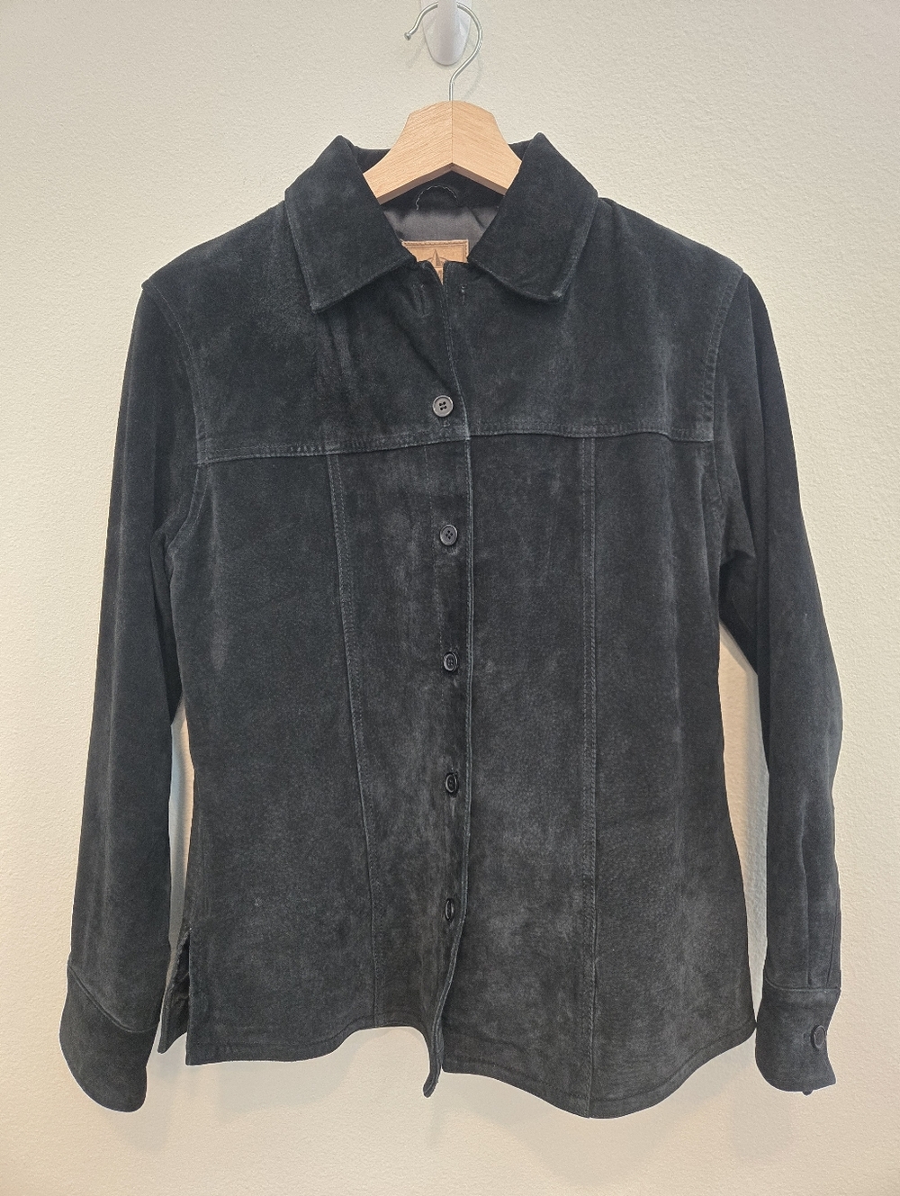 Vintage AMI Womens Black Suede Leather Trucker Jacket Size Small